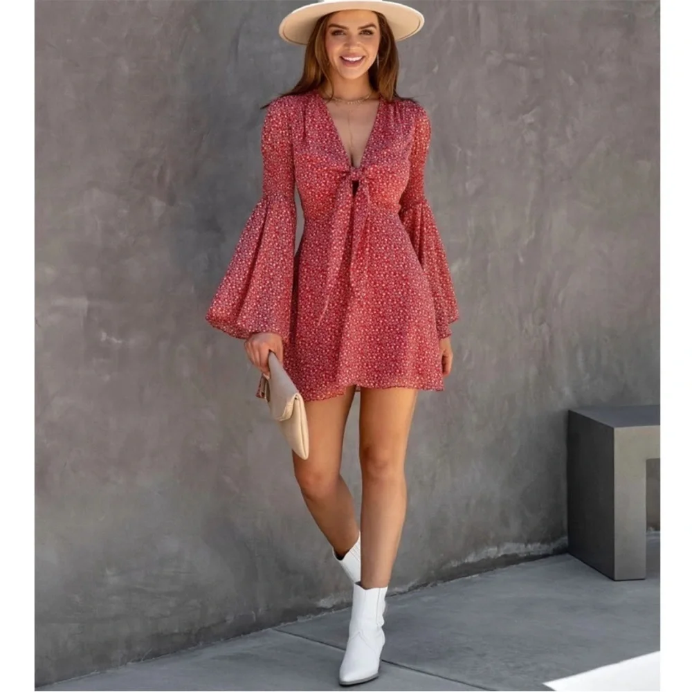 Vici Pink Bell Sleeve Wrap Sundress for Night Out - Picture 1 of 6